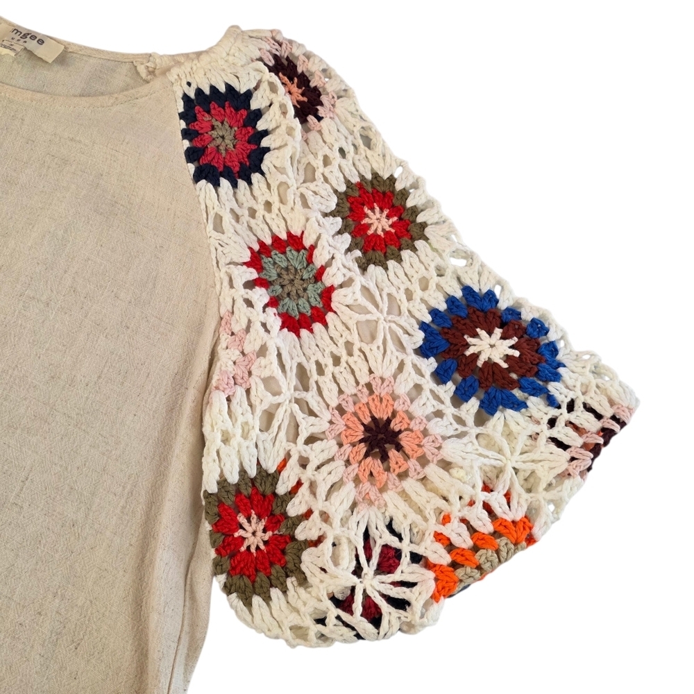 Umgee Linen Blend Boho Blouse Crochet Granny Square Puff Sleeve Women Small - Picture 3 of 9